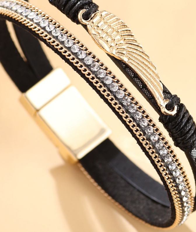 ブレスレットレディース ゴールド羽根モチーフ ラインストーン レディース ブレスレット