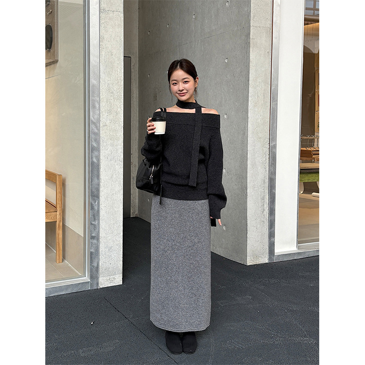 レディースカジュアルファッション 取り外し可能チョーカー付きオフショルダーニット