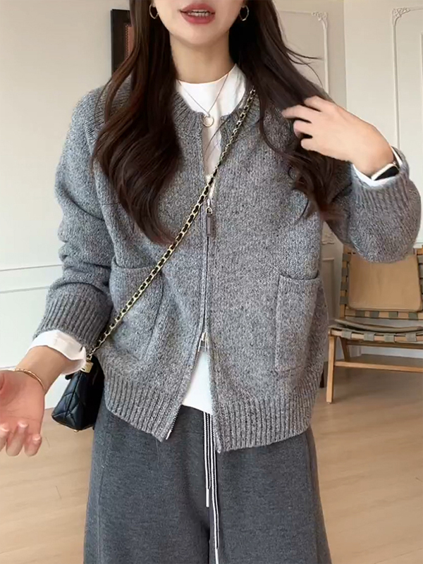【レディースカジュアルファッション】ダブルジップふわもこカーディガン風ニット｜軽やかで上品な秋冬ゆるめアウタートップス