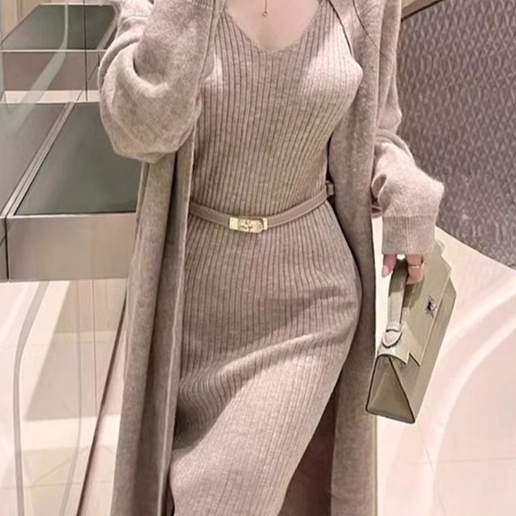 レディースカジュアルファッション リブニットベルト付きノースリーブロングワンピース