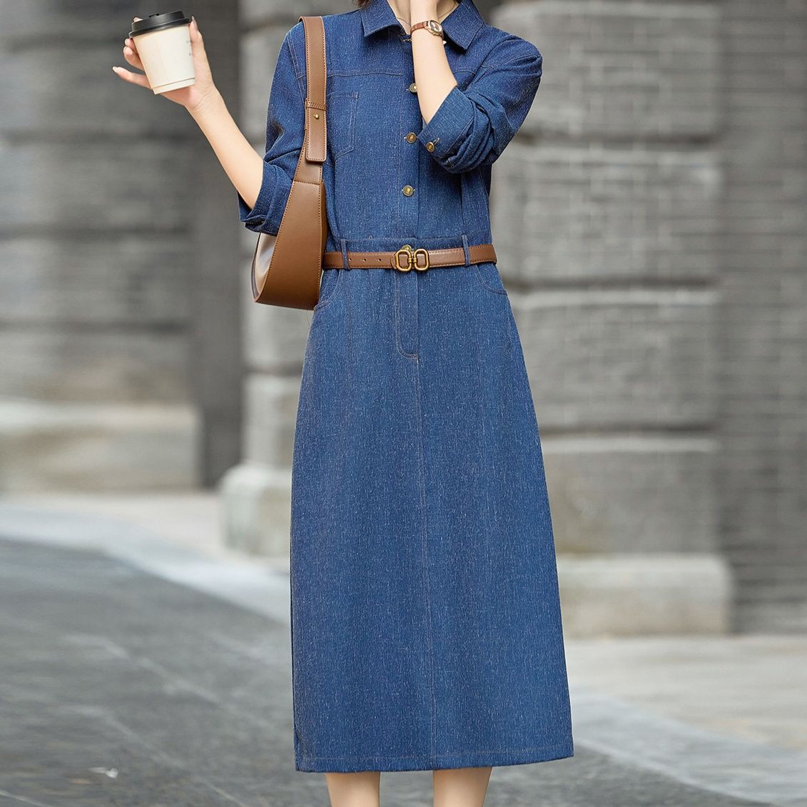 レディースカジュアルファッション 長袖シャツ襟デニム風ロング丈ワンピース
