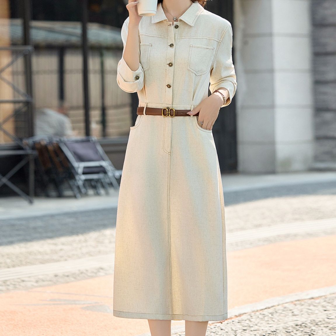 レディースカジュアルファッション 長袖シャツ襟デニム風ロング丈ワンピース