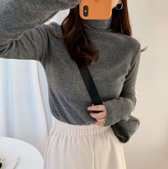 レディースカジュアルファッション リブ編みタートルネック長袖ニット
