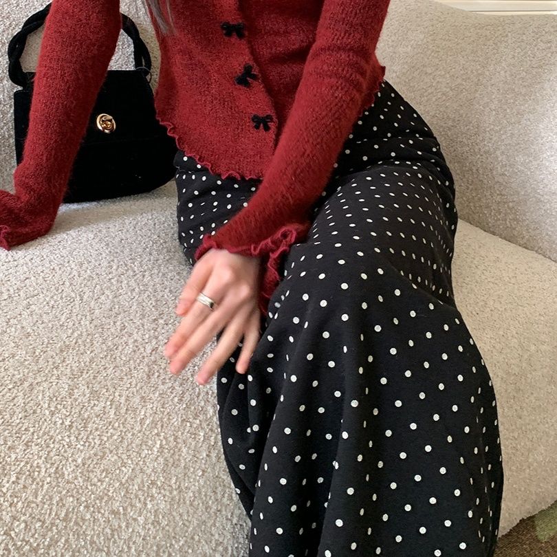 【レディースカジュアルファッション】ドット柄ミディ丈スカート / ハイウエスト ロングスカート