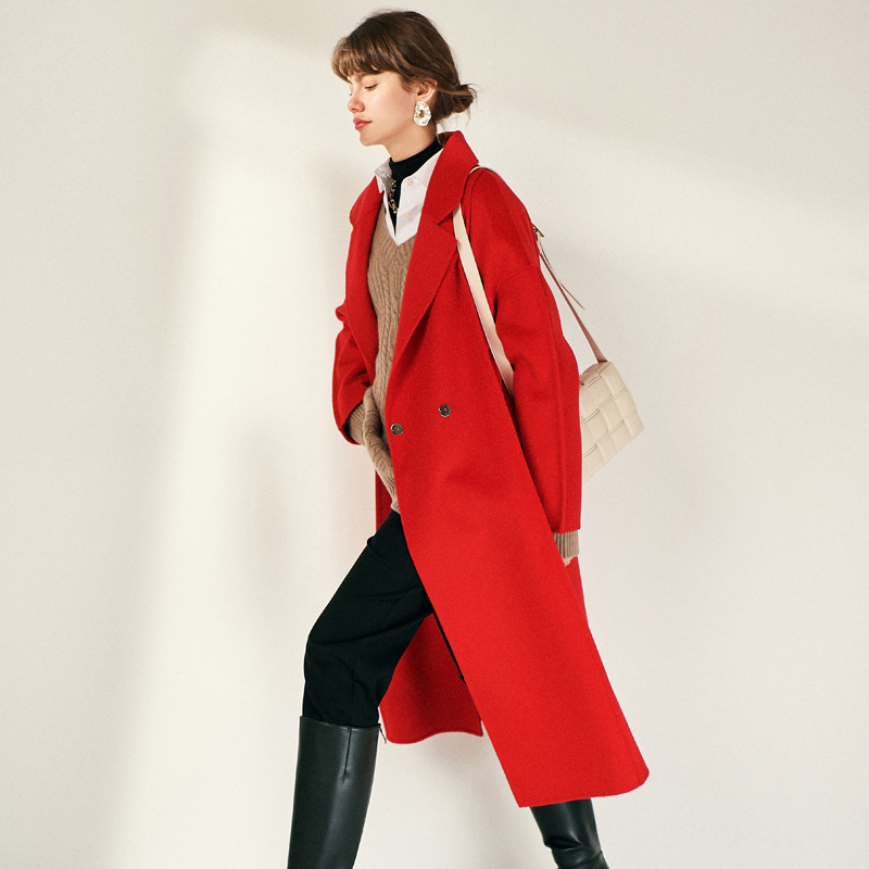 レディースカジュアルファッション 上品なダブルブレスト仕様ロングウールコート