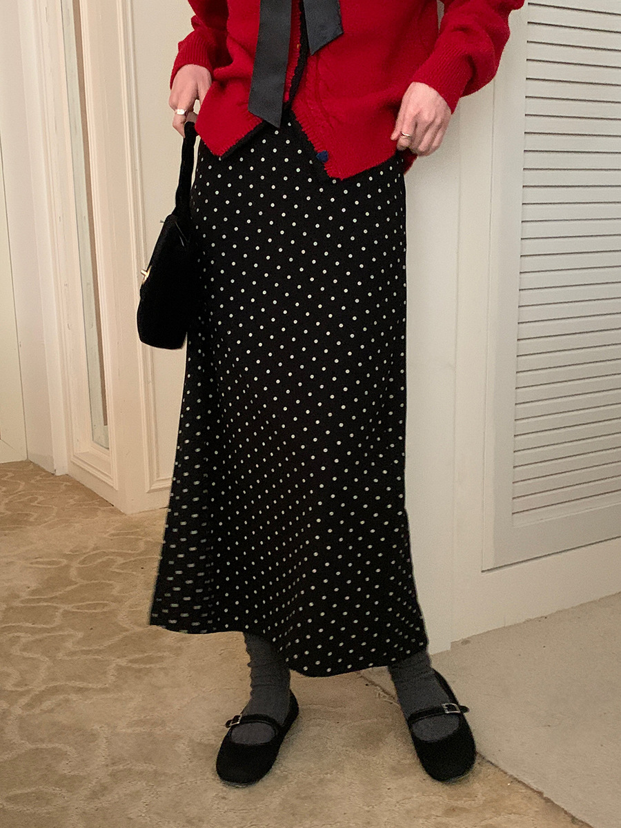 【レディースカジュアルファッション】ドット柄ミディ丈スカート / ハイウエスト ロングスカート