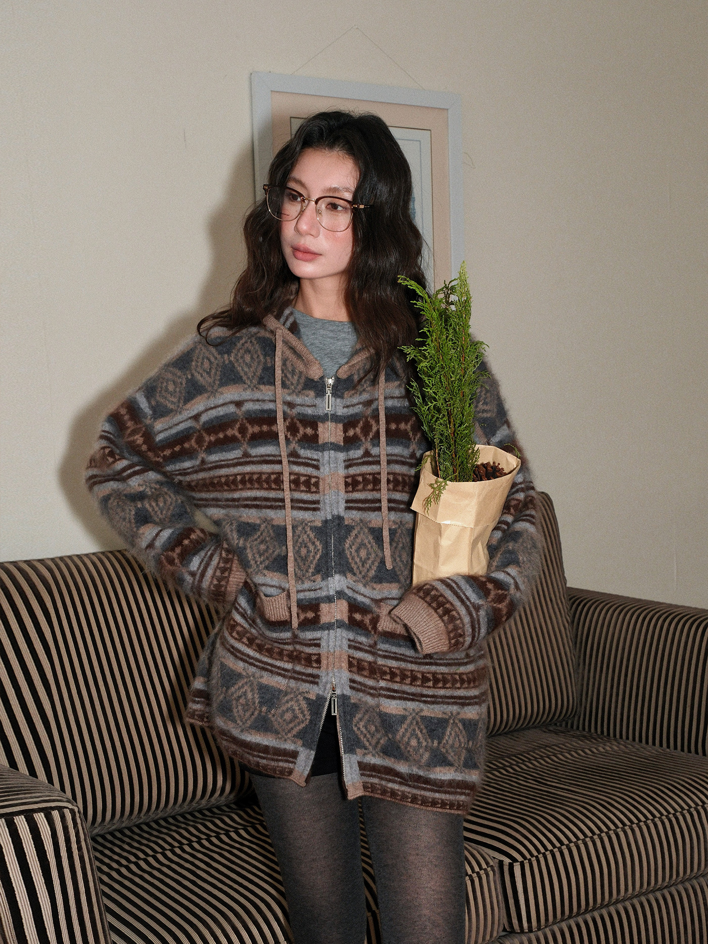 レディースカジュアルファッション エスニック柄ジップアップフード付きニットカーディガン