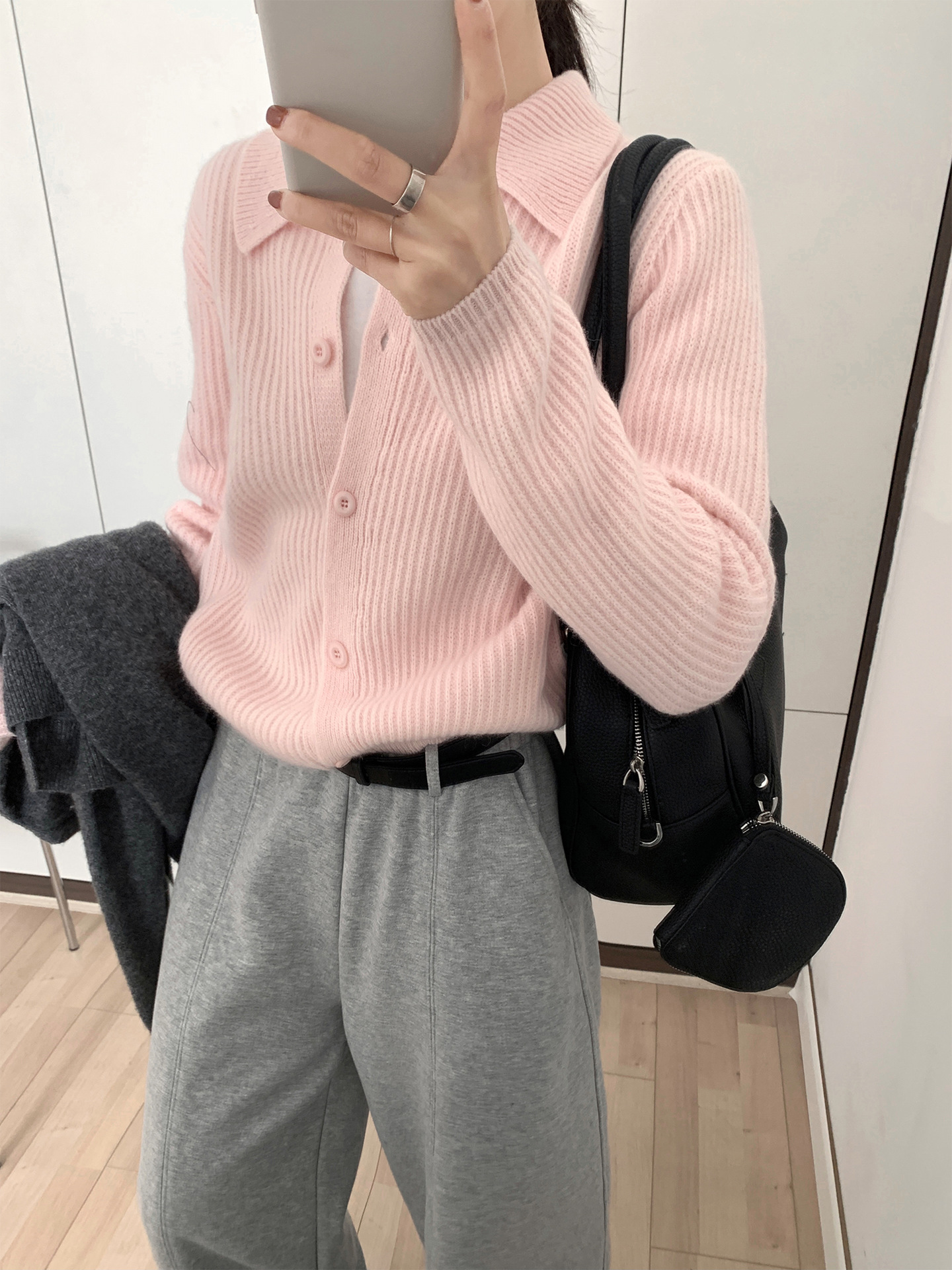 レディースカジュアルファッション 襟付きリブ編みニットカーディガン