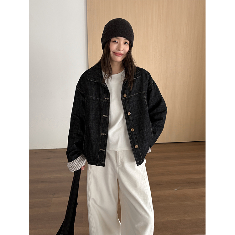 レディースカジュアルファッション 襟配色チェック柄ゆったりデニムジャケット