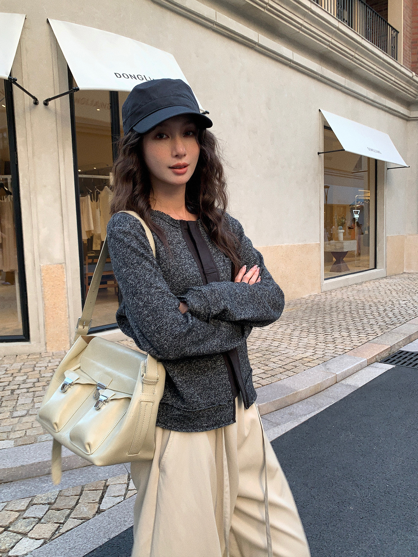 レディースカジュアルファッション ミックスツイード調ノーカラージップアップジャケット