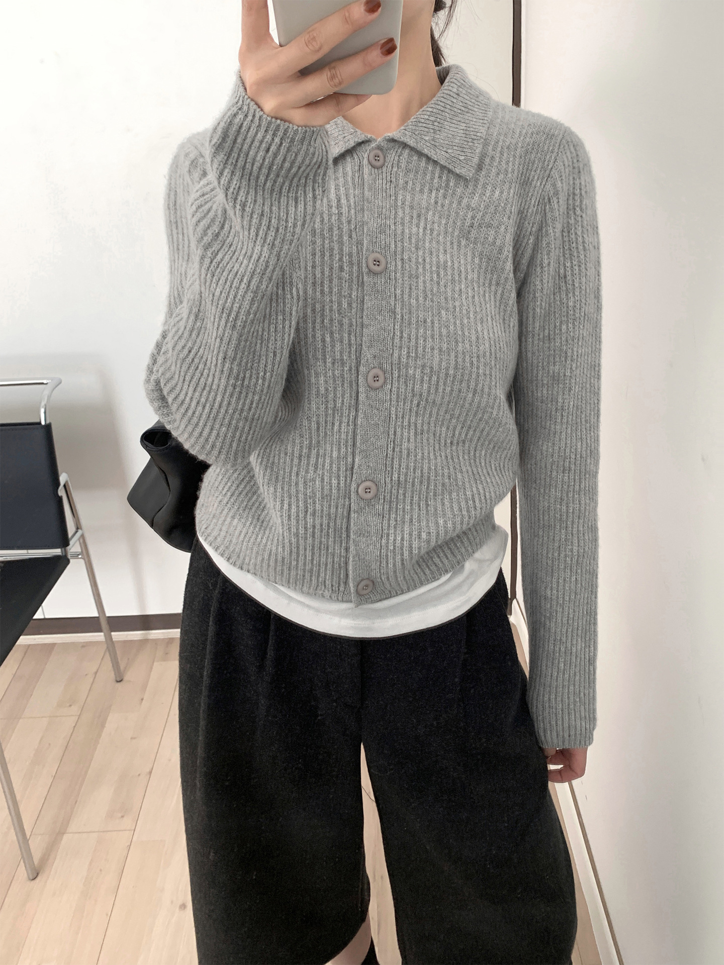 レディースカジュアルファッション 襟付きリブ編みニットカーディガン