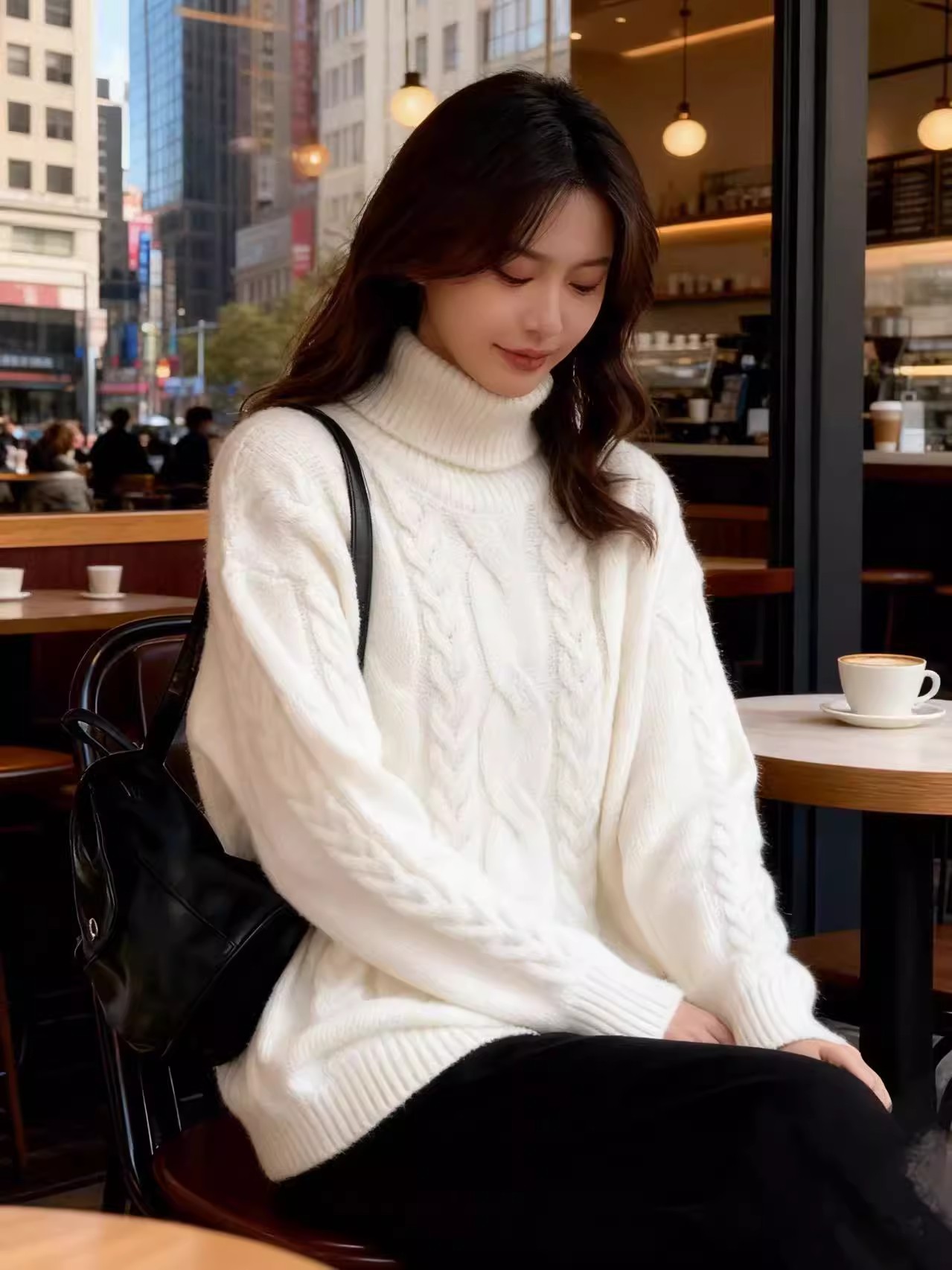 【レディースカジュアルファッション】ケーブル編みハイネックニット｜ゆるシルエットで叶える上品で暖かな冬のクラシックスタイル