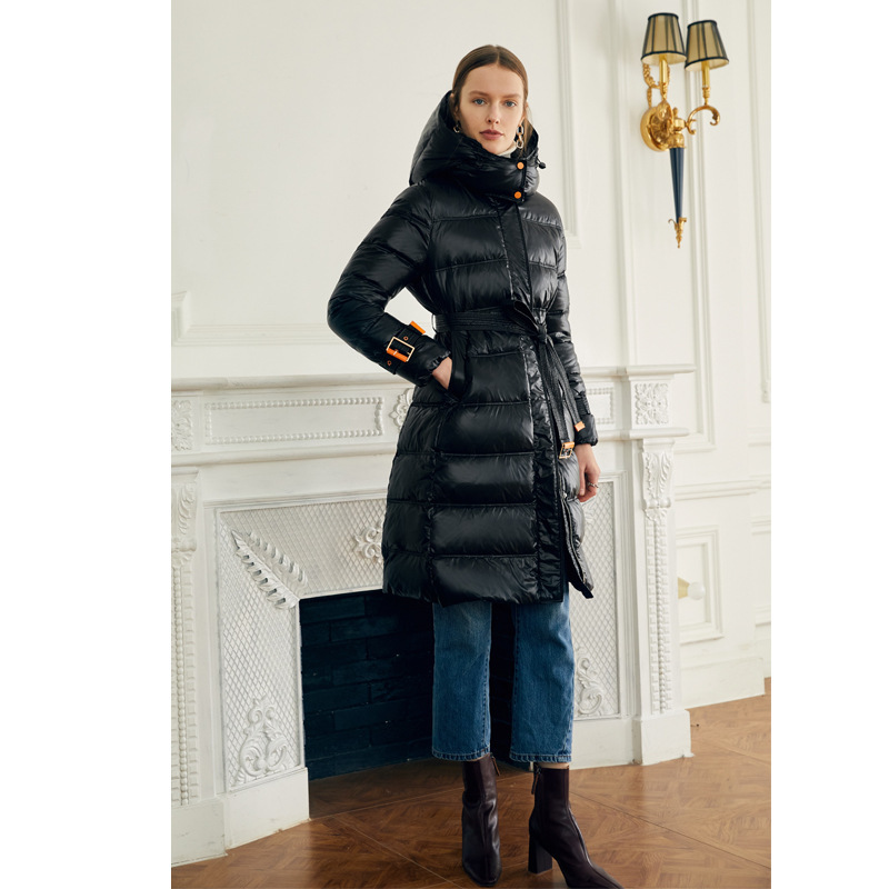 レディースカジュアルファッション ベルト付きロング丈中綿入りフード付きコート