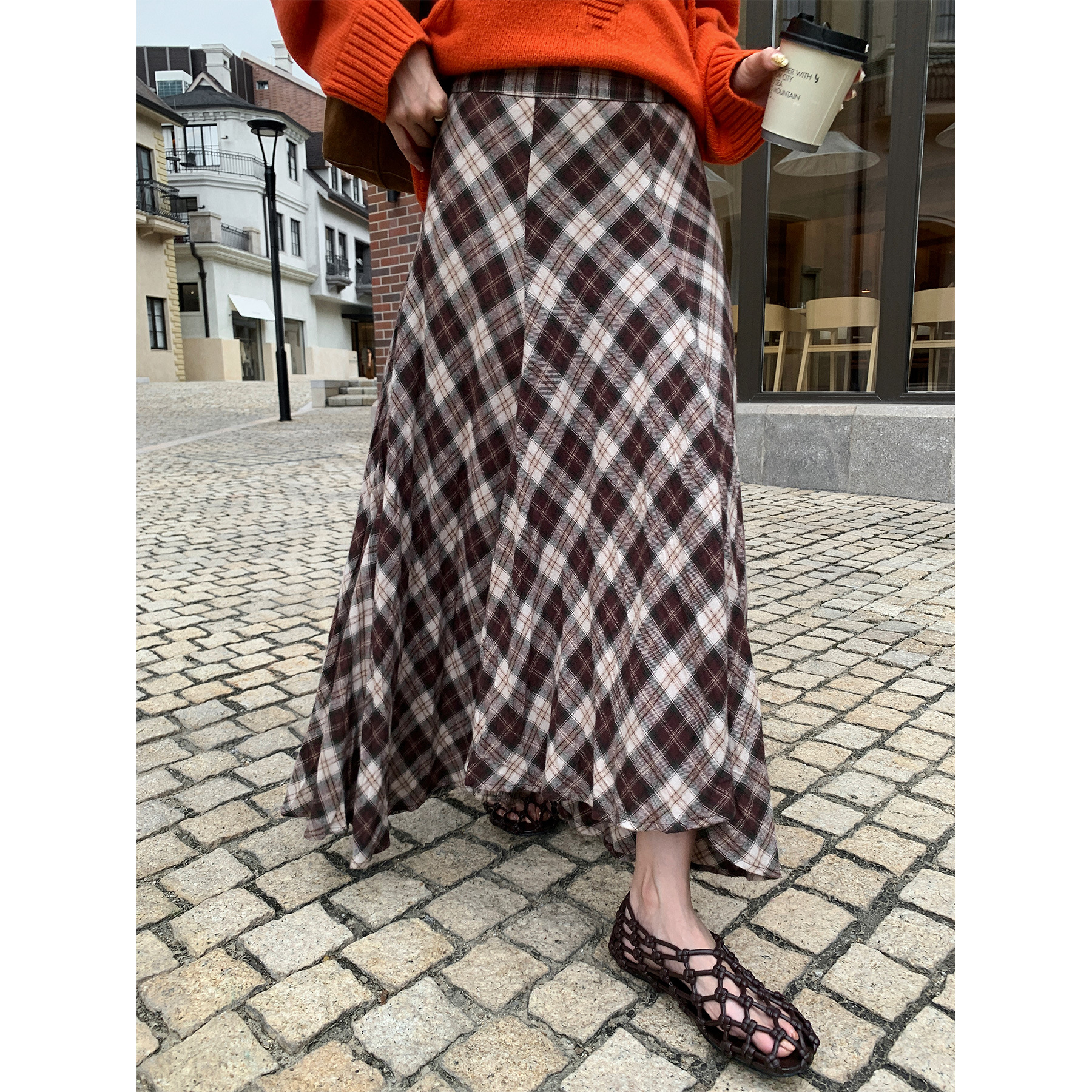 レディースカジュアルファッション チェック柄フレアロングスカート