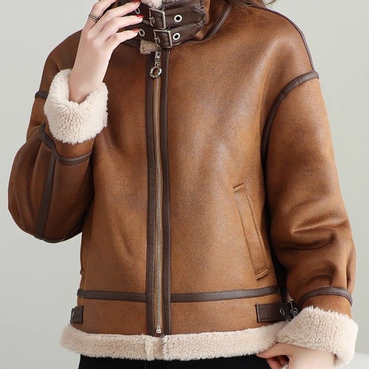 レディースカジュアルファッション ボア襟付きムートン調ライダースジャケット