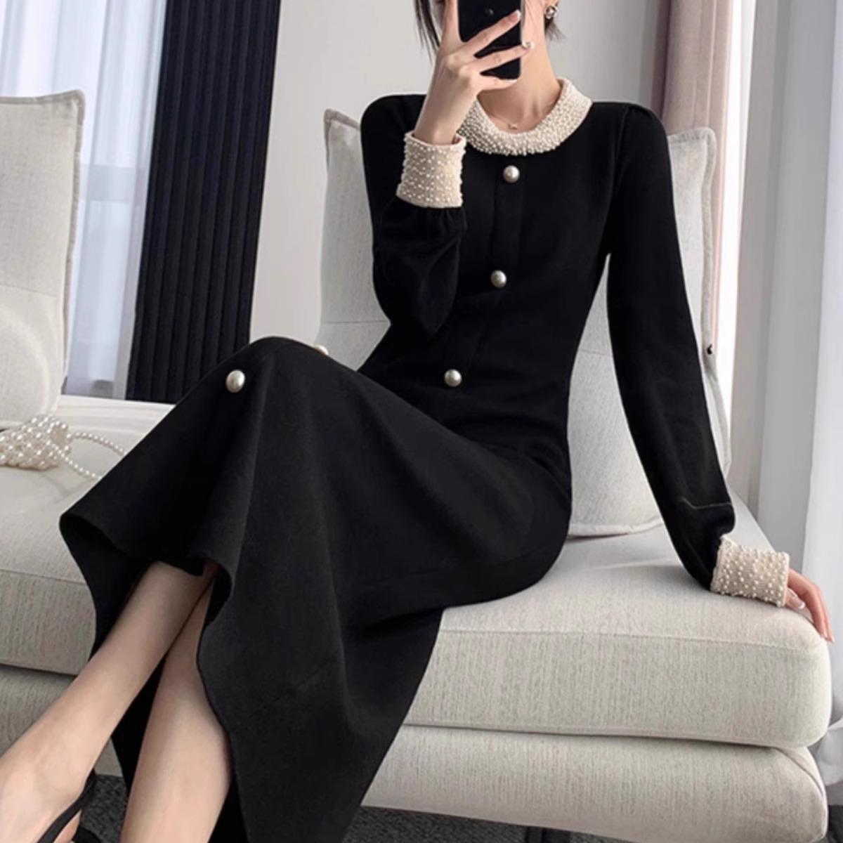 レディースカジュアルファッション パール襟付き前ボタン長袖ワンピース