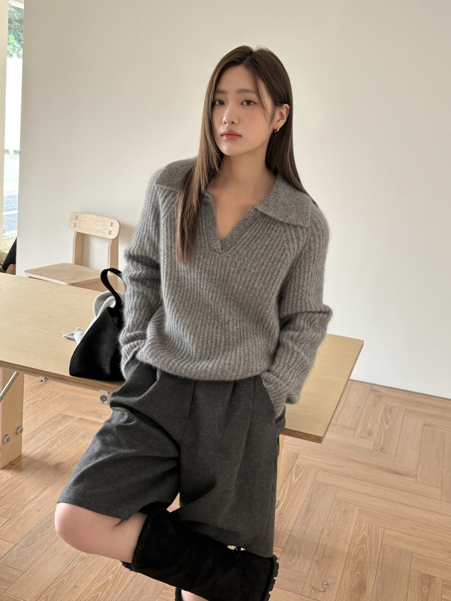 レディースカジュアルファッション 襟付きリブ編みゆったりニットセーター