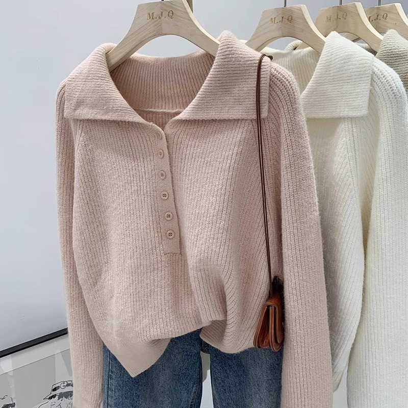 【レディースカジュアルファッション】襟付きリブニットカーディガン｜韓国風シンプルで柔らかい春秋の着回しトップス