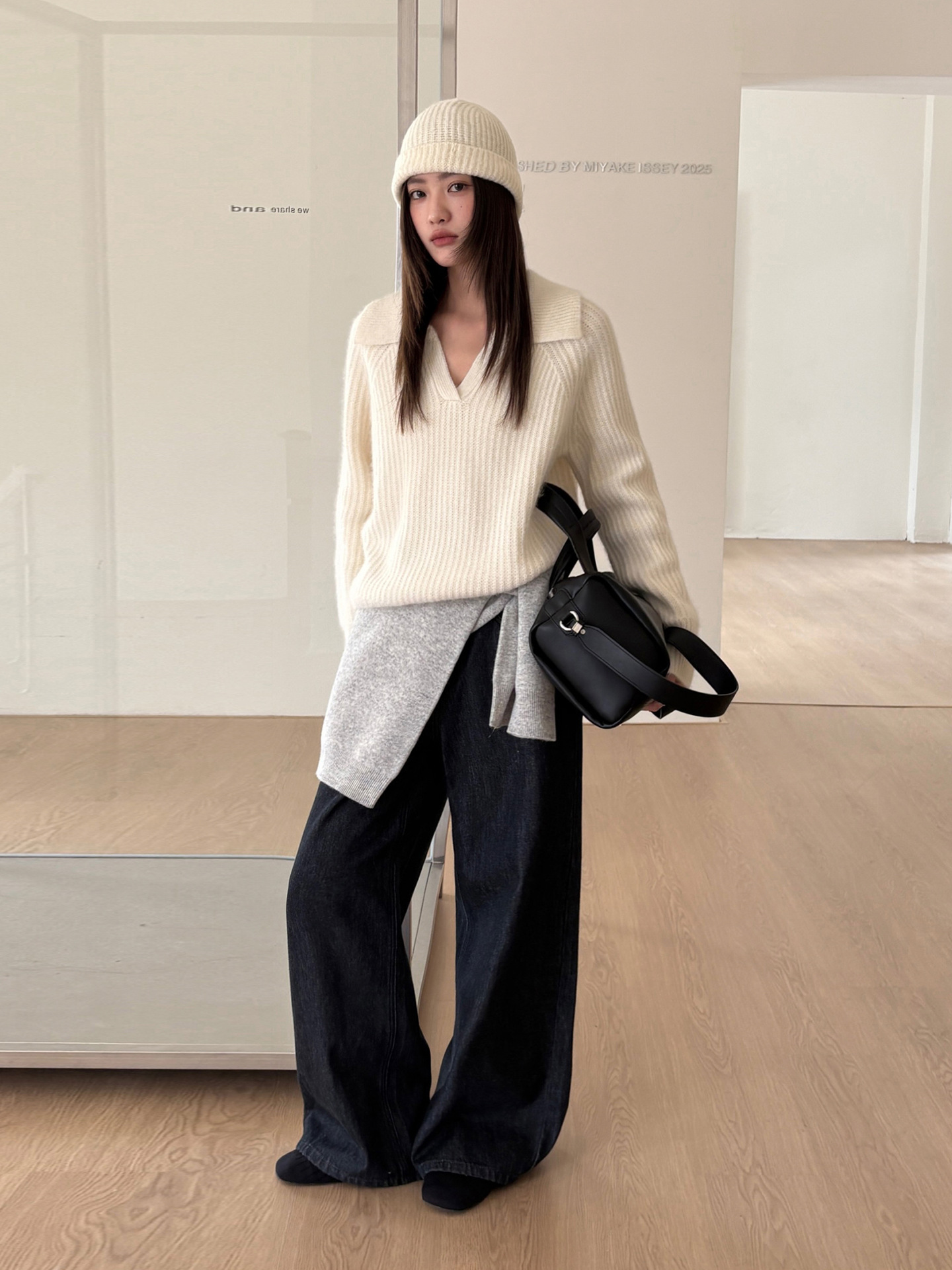 レディースカジュアルファッション 襟付きリブ編みゆったりニットセーター