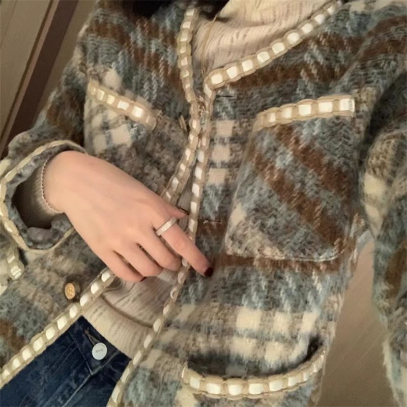 レディースカジュアルファッション ノーカラーツイードジャケット裏起毛仕様