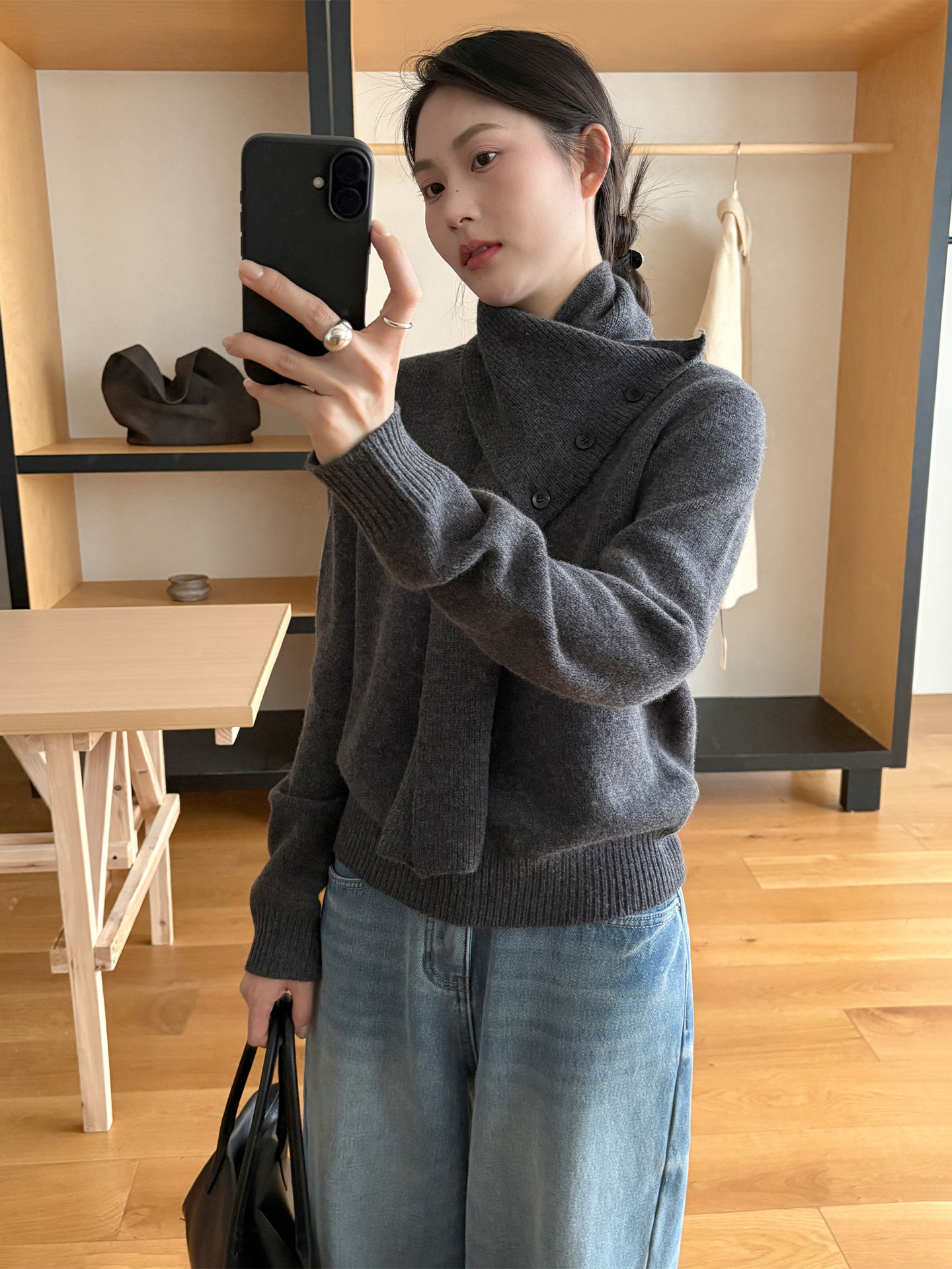 レディースカジュアルファッション ボタン付きストール風アレンジニットトップス