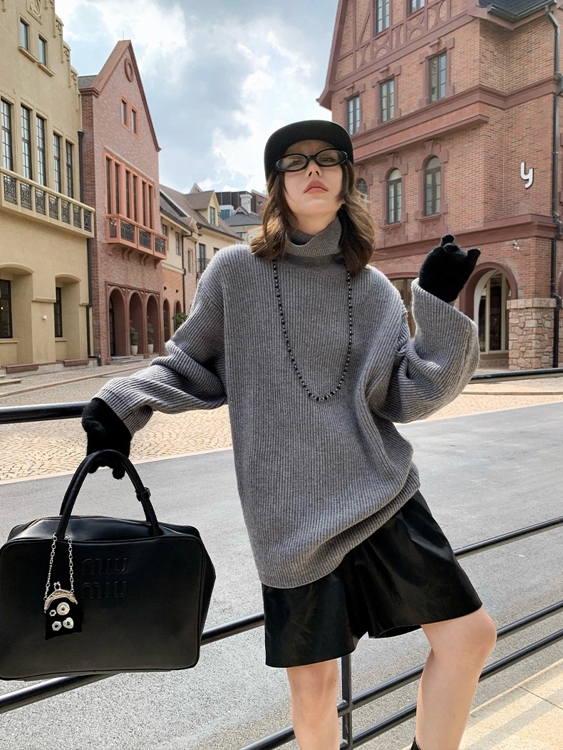 レディースカジュアルファッション ゆったりタートルネックリブ編みニットセーター