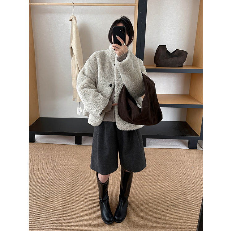 レディースカジュアルファッション もこもこボアノーカラーショートジャケット