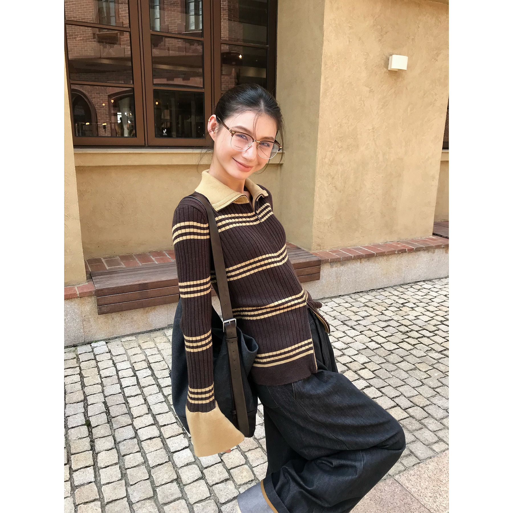 レディースカジュアルファッション 襟付きボーダーリブニット長袖プルオーバー