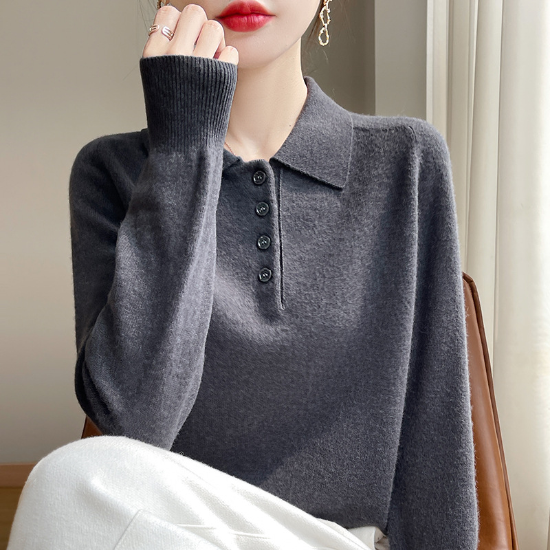 レディースカジュアルファッション 襟付きボタンデザインニットセーター