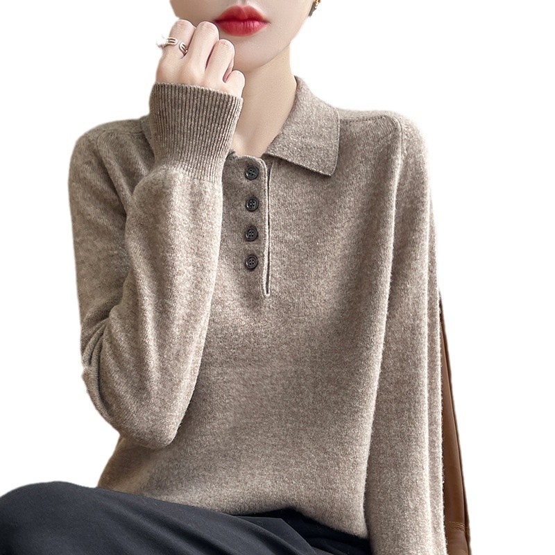 レディースカジュアルファッション 襟付きボタンデザインニットセーター