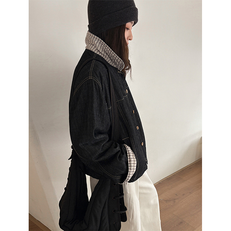 レディースカジュアルファッション 襟配色チェック柄ゆったりデニムジャケット