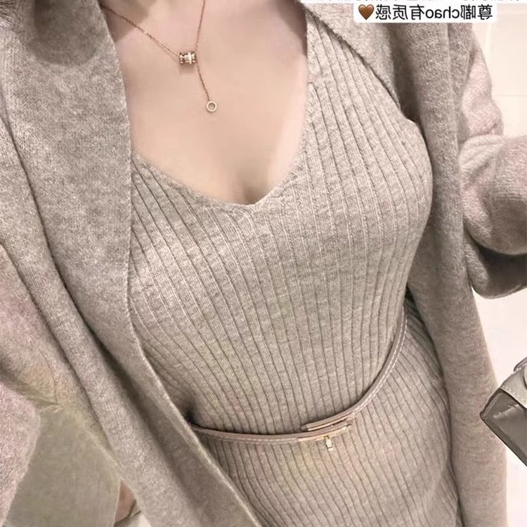 レディースカジュアルファッション リブニットベルト付きノースリーブロングワンピース