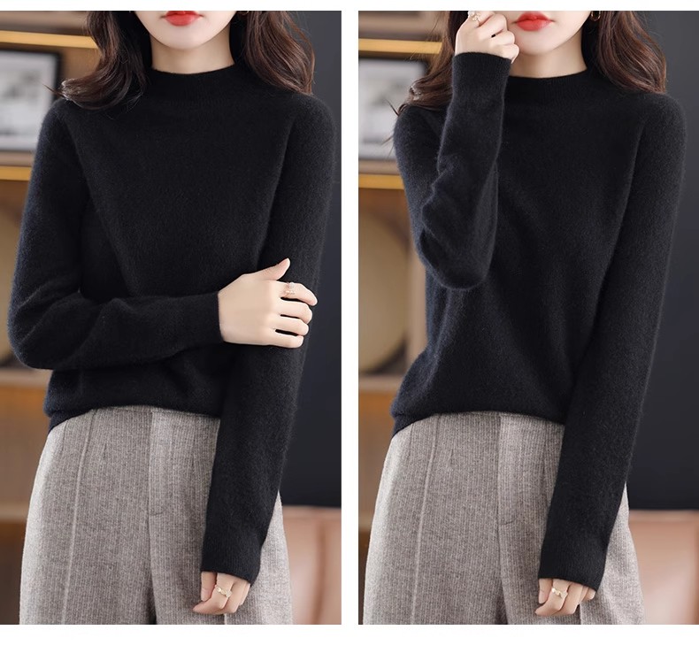 【レディースカジュアルファッション】上品ブラックのハイネックニット｜細見えシルエットで大人の洗練スタイルを叶える秋冬トップス