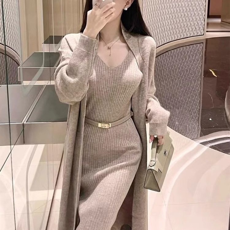 レディースカジュアルファッション リブニットベルト付きノースリーブロングワンピース