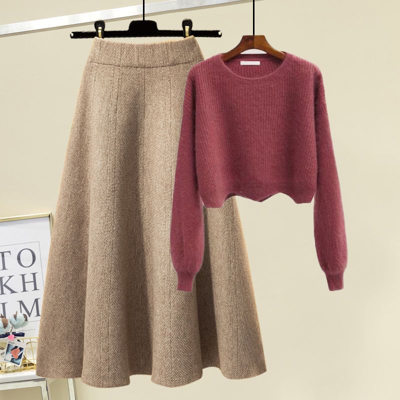 【レディースカジュアルファッション】上品ニット×上質ウール調スカート｜細見え“美シルエット”秋冬2点セットアップ