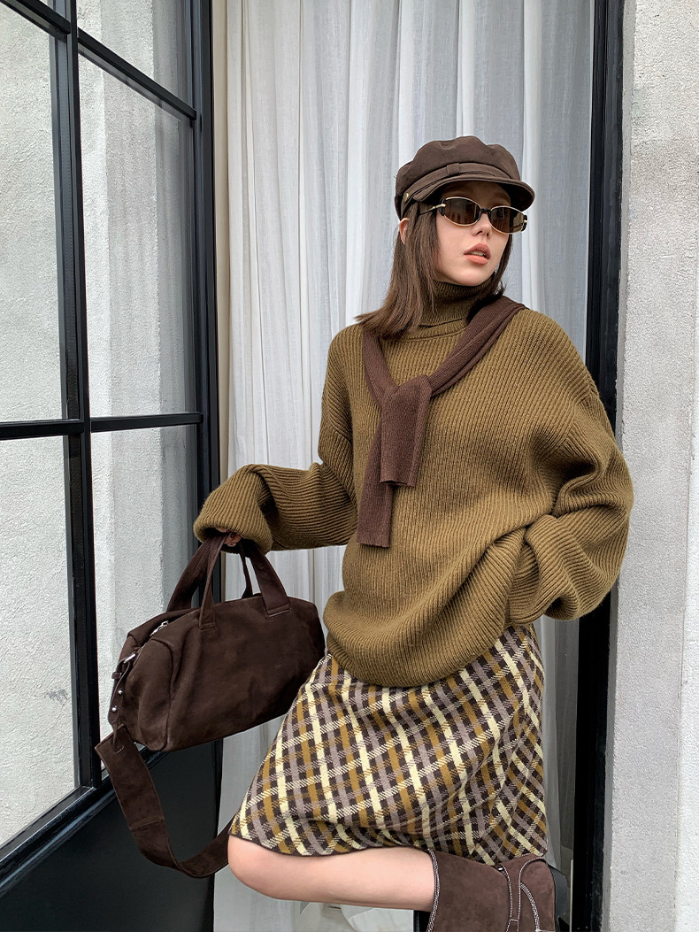 レディースカジュアルファッション ゆったりタートルネックリブ編みニットセーター