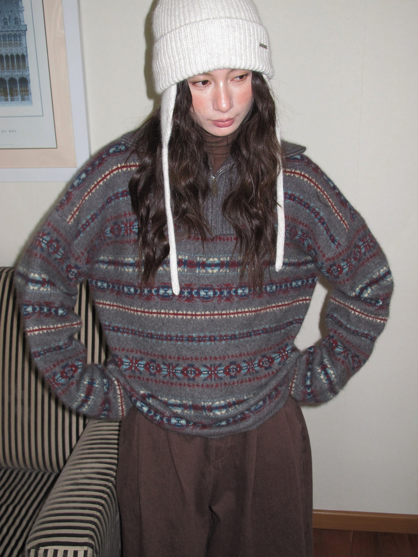 レディースカジュアルファッション 民族柄ジャガード編みフードニットセーター