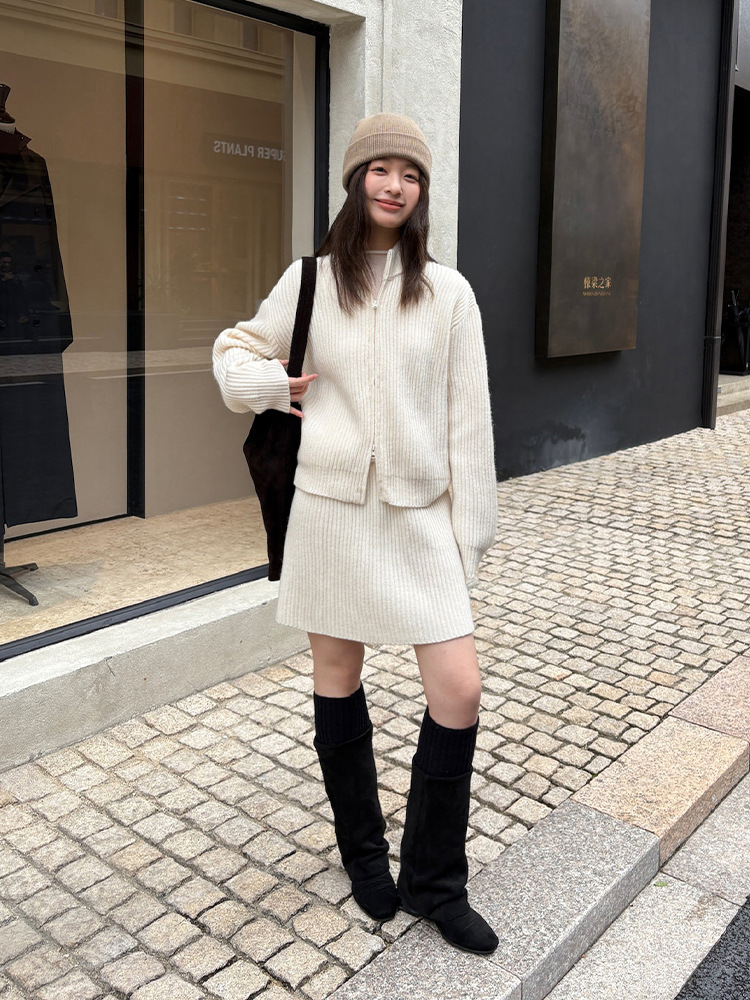 レディースカジュアルファッション リブ編みニットカーディガン台形ミニスカートセットアップ