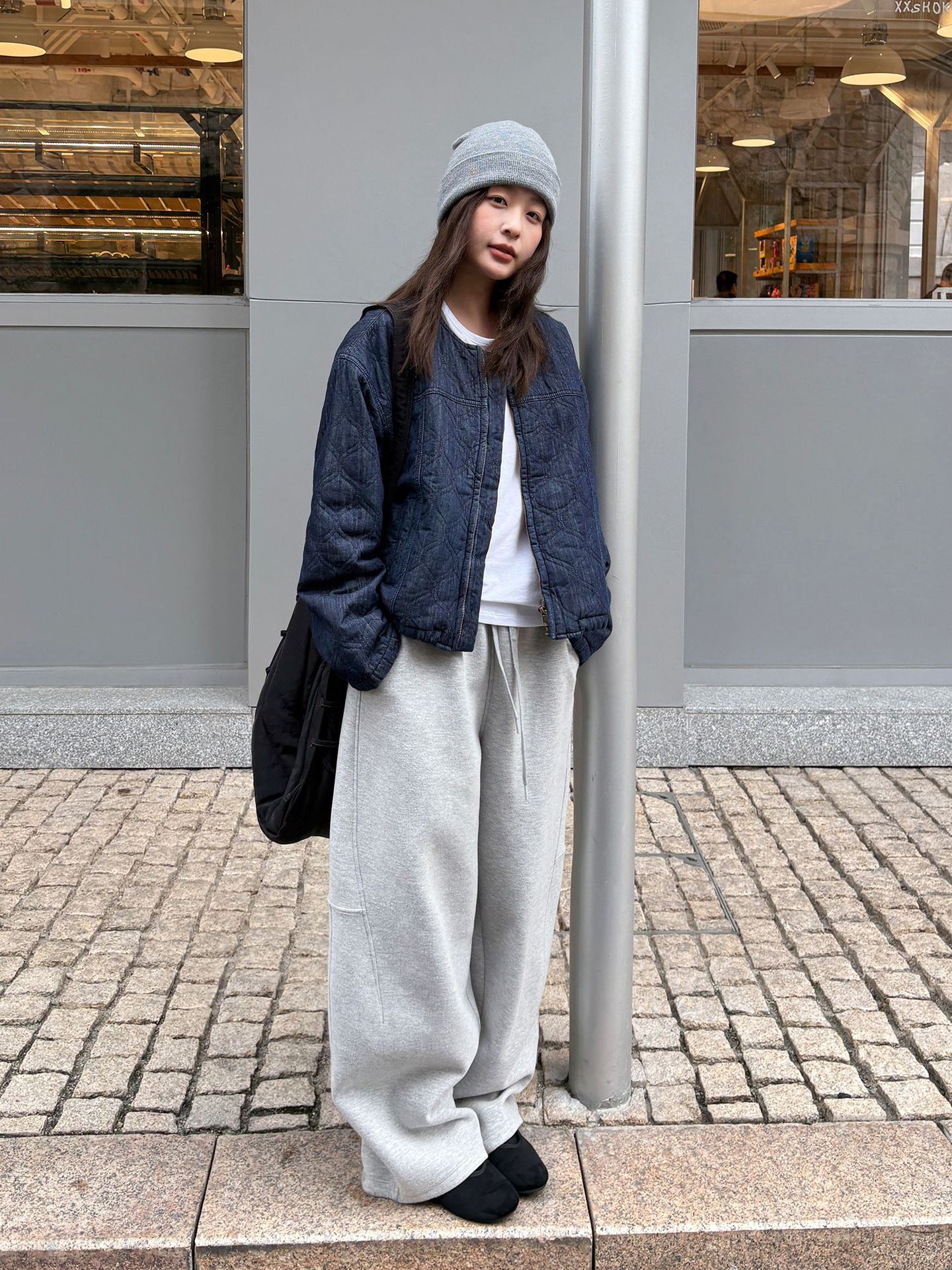 レディースカジュアルファッション キルティングデニムノーカラーブルゾン