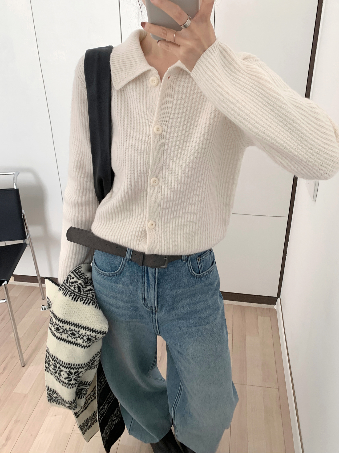 レディースカジュアルファッション 襟付きリブ編みニットカーディガン