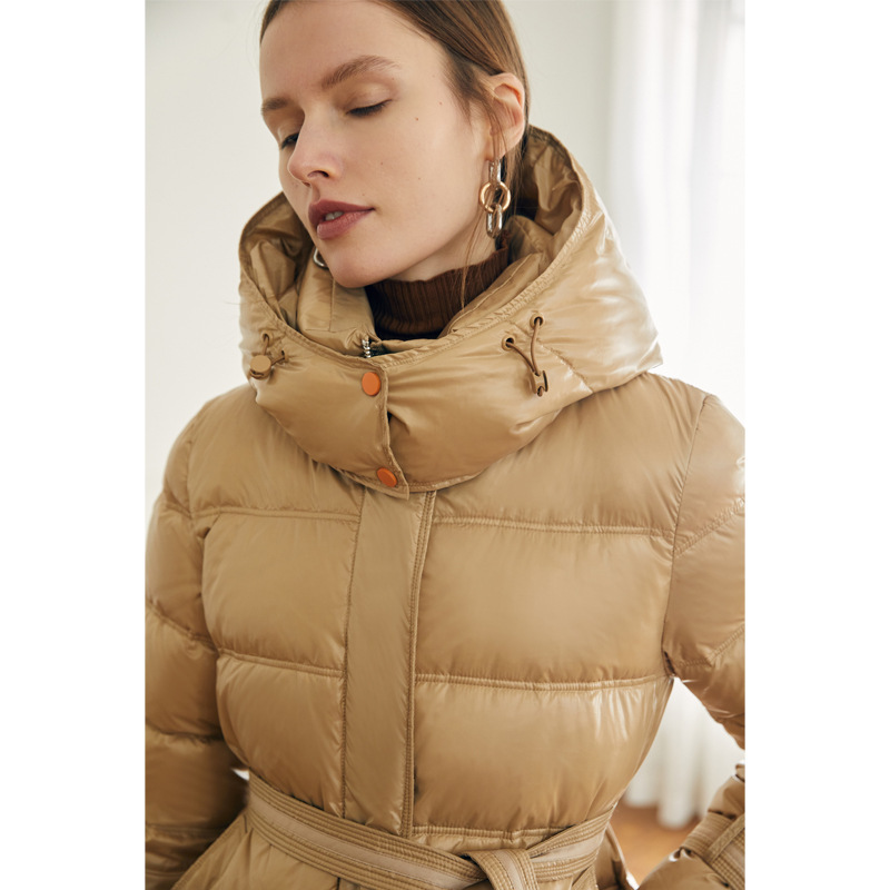 レディースカジュアルファッション ベルト付きロング丈中綿入りフード付きコート