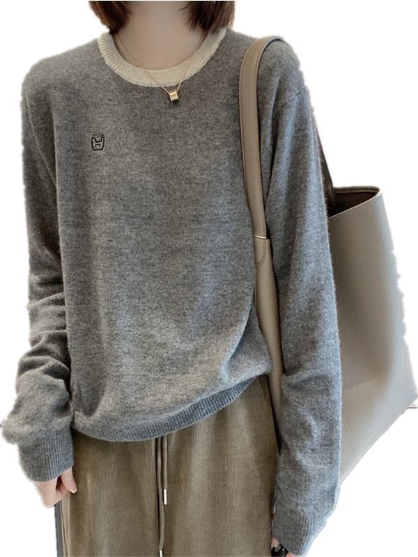 【レディースカジュアルファッション】刺繍入りクルーネックニットプルオーバー｜シンプルで大人かわいいゆるシルエットの秋冬トップス