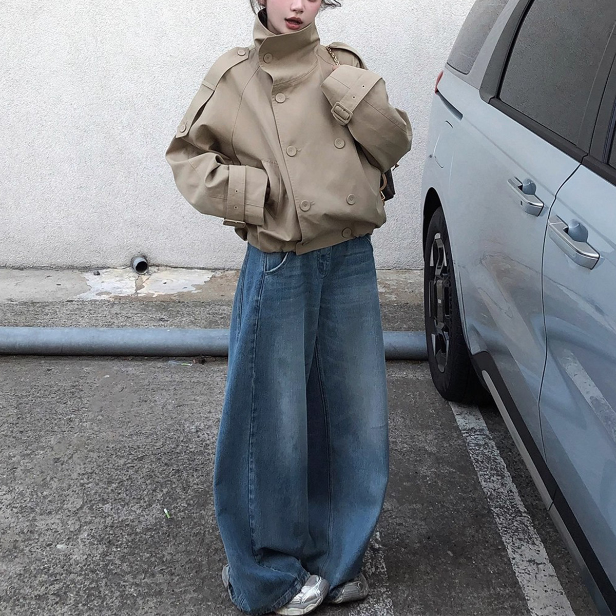 レディースカジュアルファッション スタンドカラーダブルボタンショートジャケット