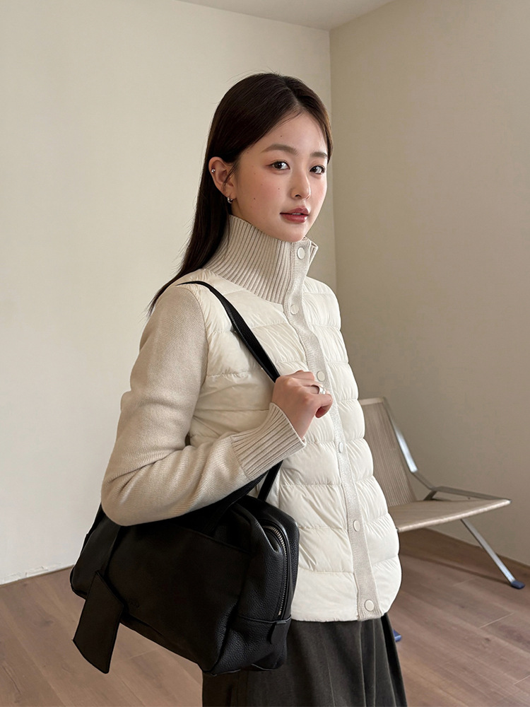 レディースカジュアルファッション ニット切替中綿入りハイネックショートジャケット