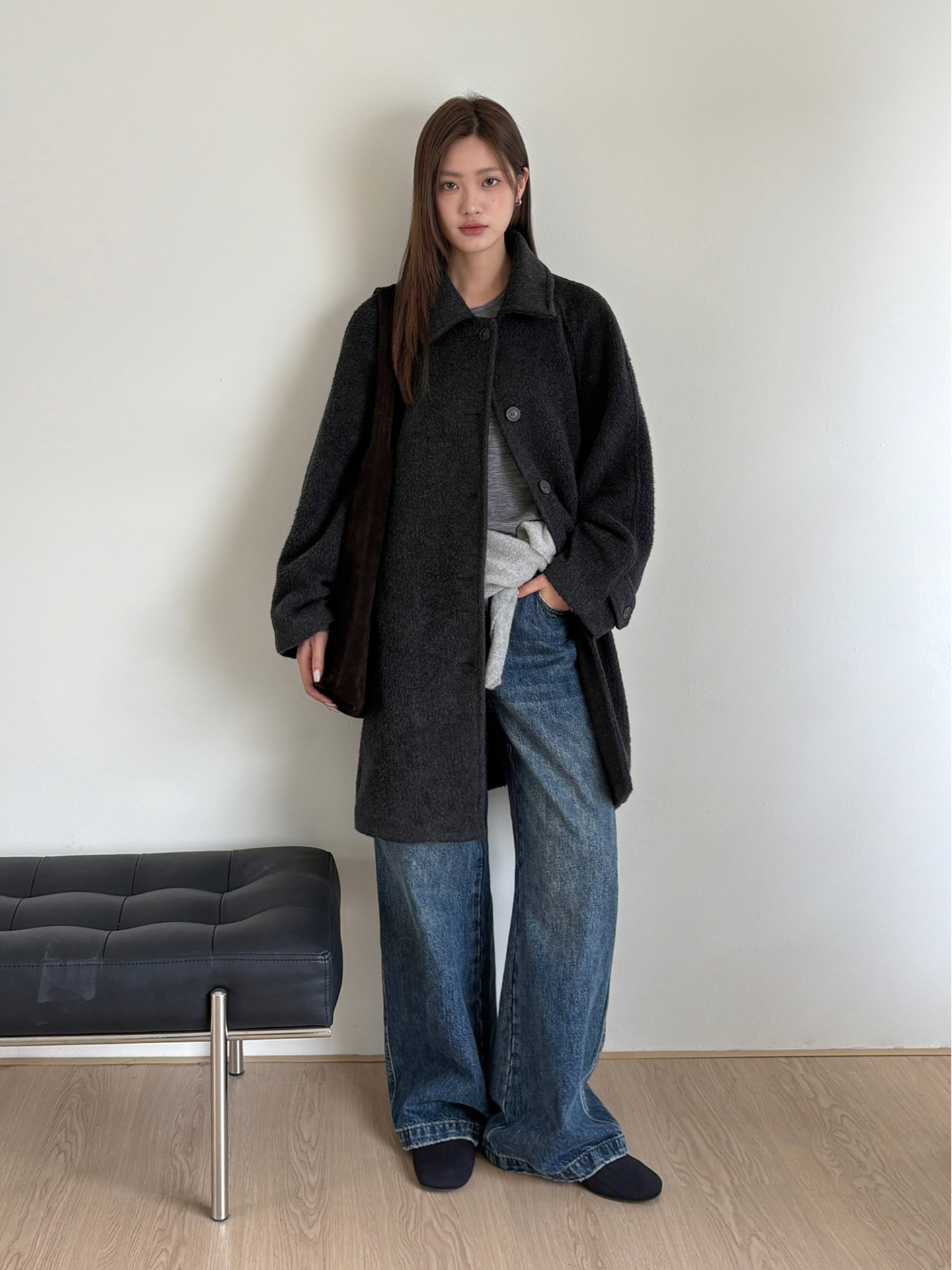 レディースカジュアルファッション もこもこボア素材のゆったりシルエットステンカラーコート