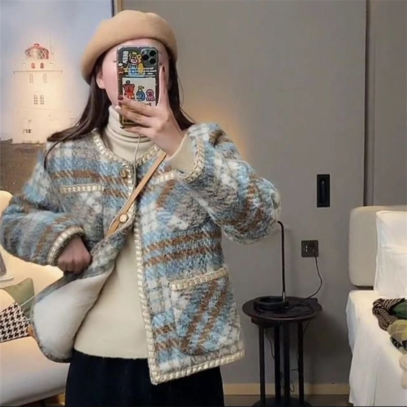 レディースカジュアルファッション ノーカラーツイードジャケット裏起毛仕様