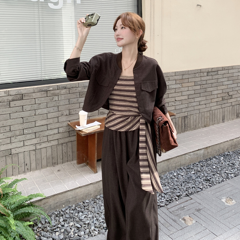 レディースカジュアルファッション 上品カジュアル三点セット長袖ジャケット風アウター