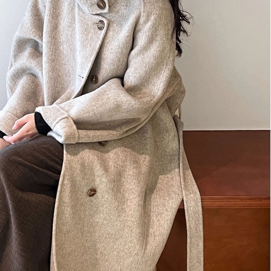 レディースカジュアルファッション ゆったりシルエット ダブルボタン ロング丈コート