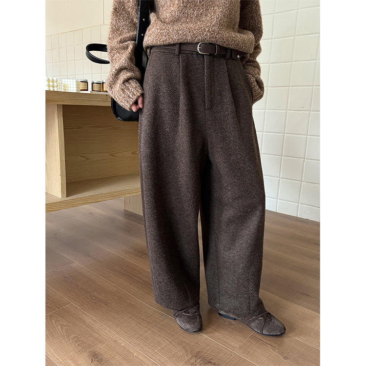 レディースカジュアルファッション センタープレス入りワイドシルエットウールライクパンツ
