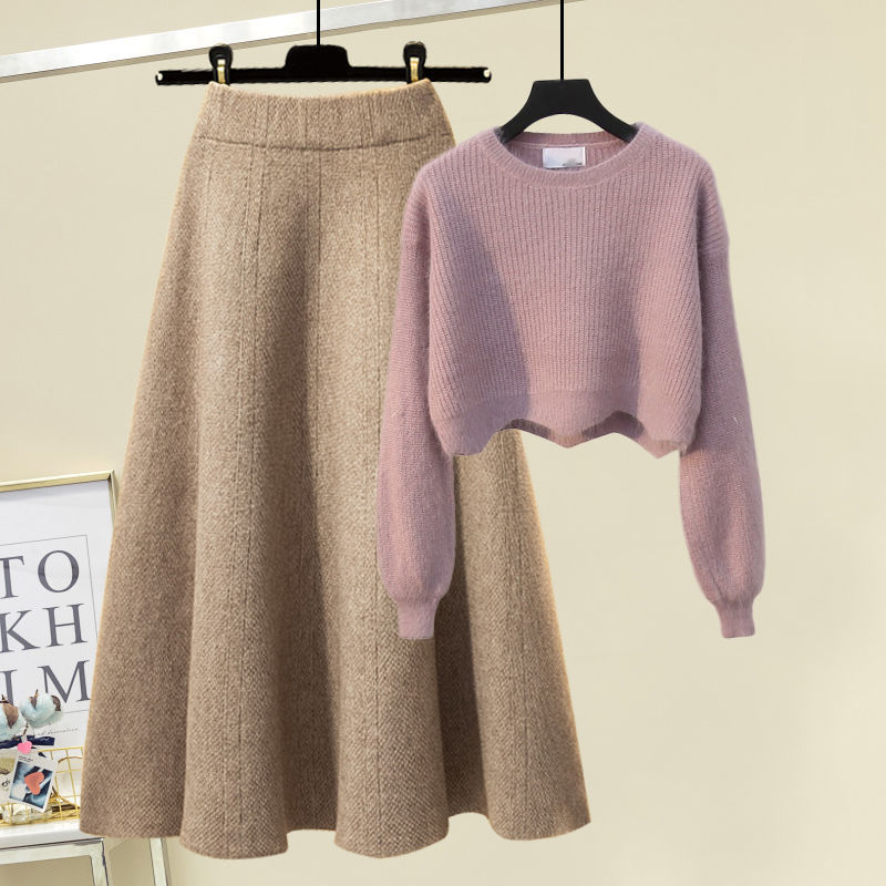 【レディースカジュアルファッション】上品ニット×上質ウール調スカート｜細見え“美シルエット”秋冬2点セットアップ